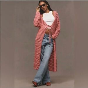 MAEVE x ANTHROPOLOGIE Long Front-Tie Popcorn Crochet Duster Cardigan Sweater OS